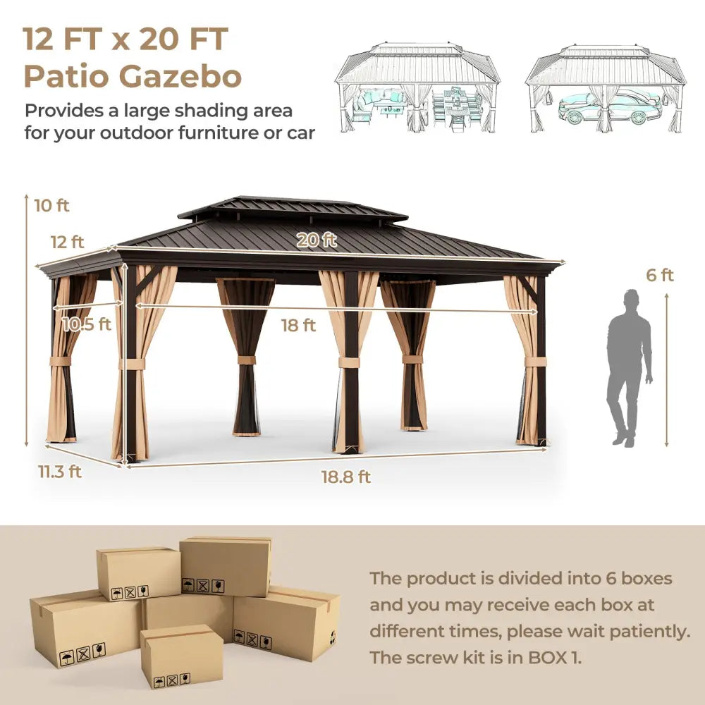 12’ x 20’ Double-Roof Hardtop Gazebo with Galvanized Steel Roof-Coffee - Coffee - Gazebos