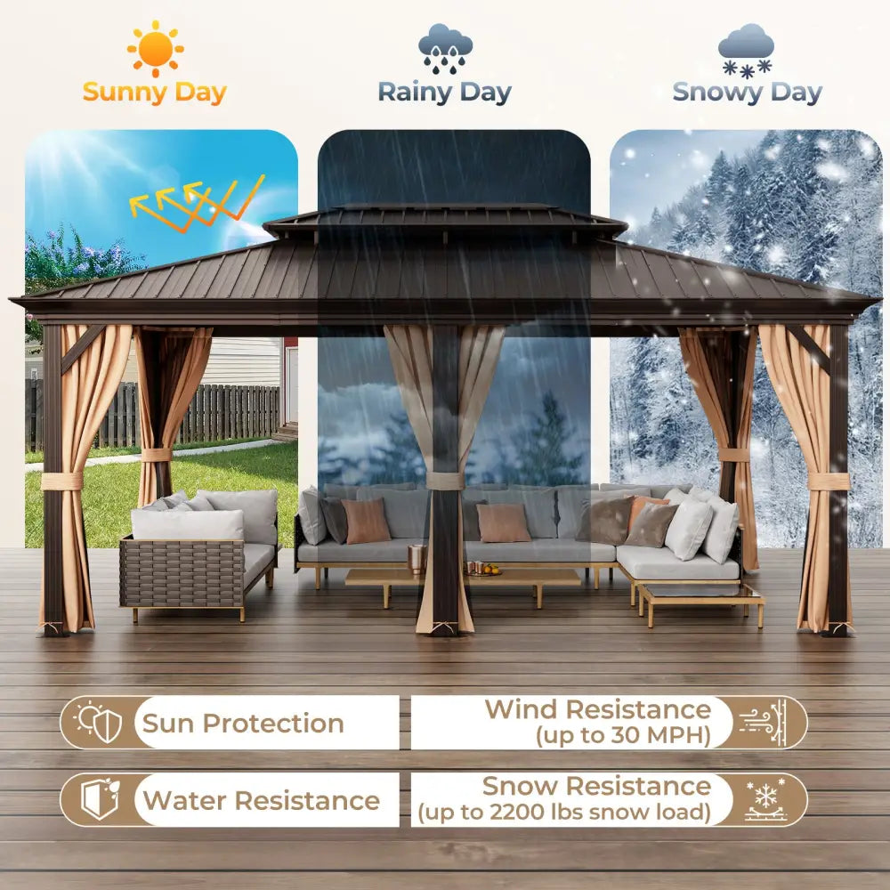 12’ x 20’ Double-Roof Hardtop Gazebo with Galvanized Steel Roof-Coffee - Coffee - Gazebos