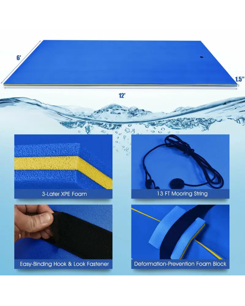 12 x 6 Feet 3 Layer Floating Water Pad-Blue - Blue - Swimming