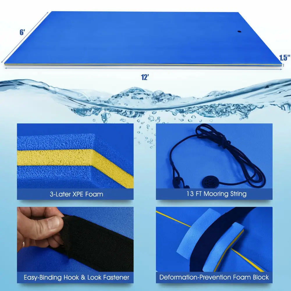 12 x 6 Feet 3 Layer Floating Water Pad-Blue - Blue - Swimming