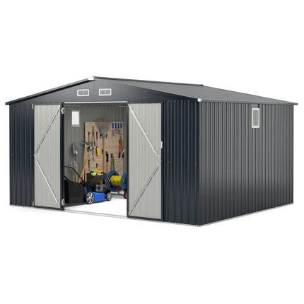 12 x 9.8 Feet Outdoor Storage Shed with Lockable Door and Pitched Roof-Gray - Gray - Sheds & Outdoor Storage