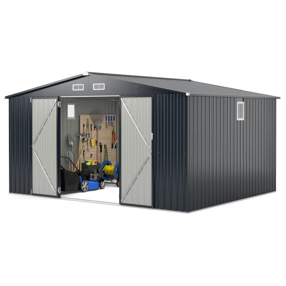 12 x 9.8 Feet Outdoor Storage Shed with Lockable Door and Pitched Roof-Gray - Gray - Sheds & Outdoor Storage