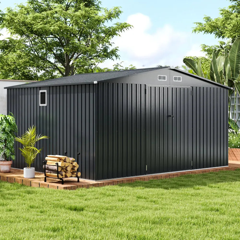 12 x 9.8 Feet Outdoor Storage Shed with Lockable Door and Pitched Roof-Gray - Gray - Sheds & Outdoor Storage
