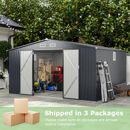 12 x 9.8 Feet Outdoor Storage Shed with Lockable Door and Pitched Roof-Gray - Gray - Sheds & Outdoor Storage