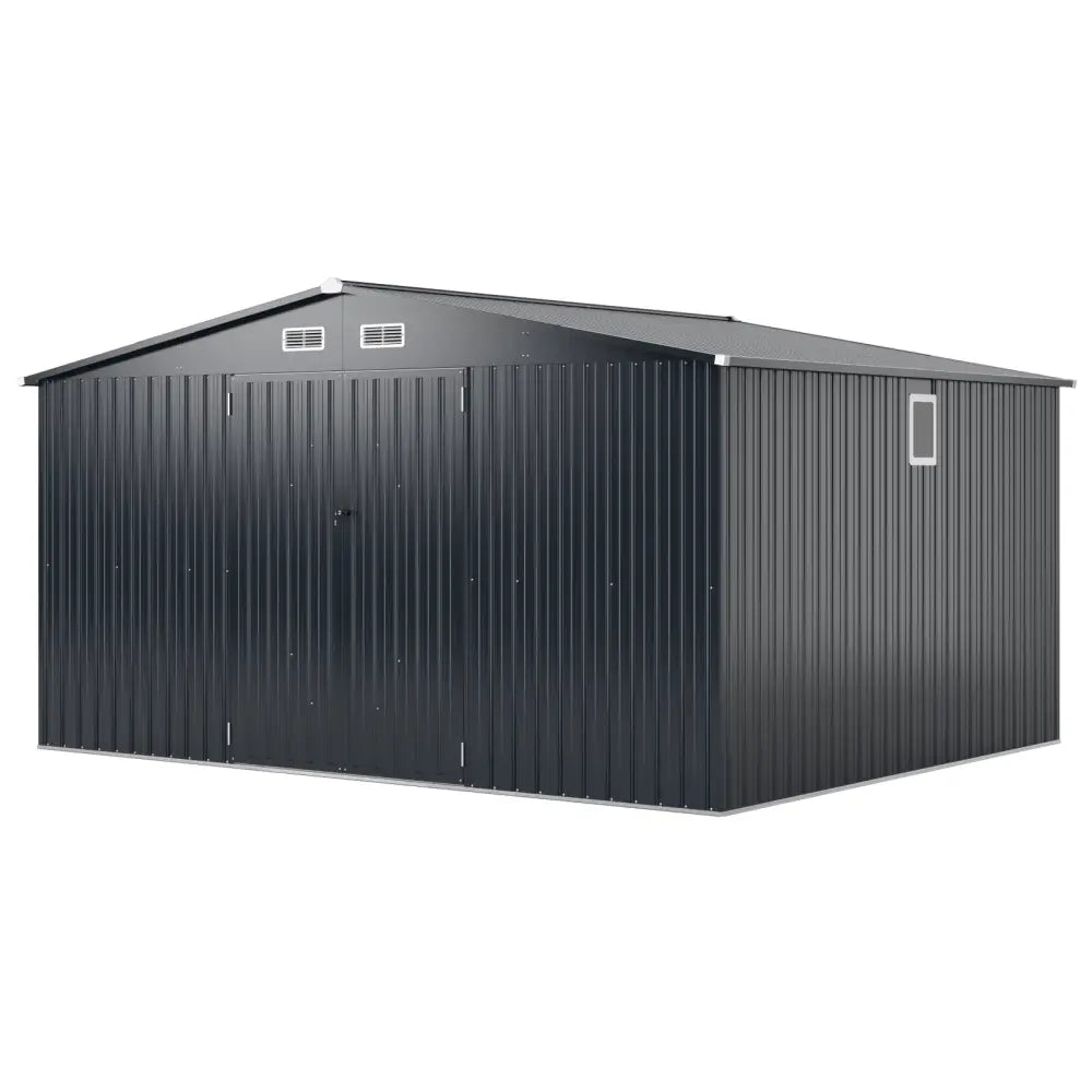 12 x 9.8 Feet Outdoor Storage Shed with Lockable Door and Pitched Roof-Gray - Gray - Sheds & Outdoor Storage