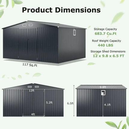 12 x 9.8 Feet Outdoor Storage Shed with Lockable Door and Pitched Roof-Gray - Gray - Sheds & Outdoor Storage