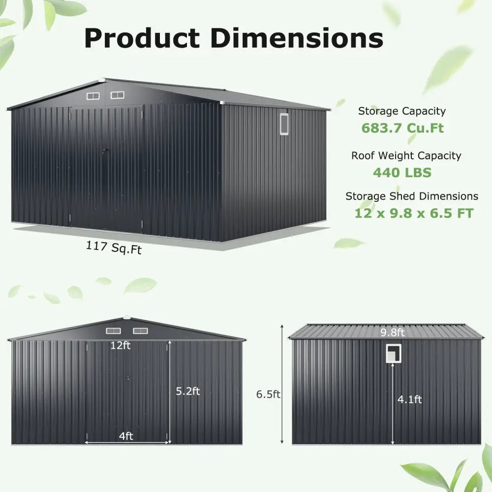 12 x 9.8 Feet Outdoor Storage Shed with Lockable Door and Pitched Roof-Gray - Gray - Sheds & Outdoor Storage