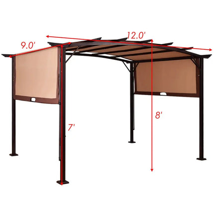 12 x 9 Feet Outdoor Pergola Gazebo with Retractable Canopy Shades - Brown - Gazebos
