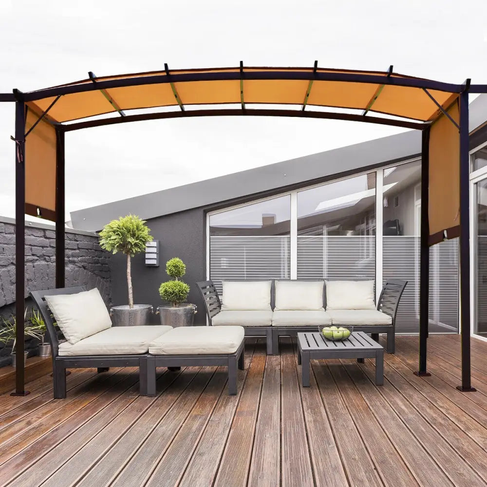 12 x 9 Feet Outdoor Pergola Gazebo with Retractable Canopy Shades - Brown - Gazebos