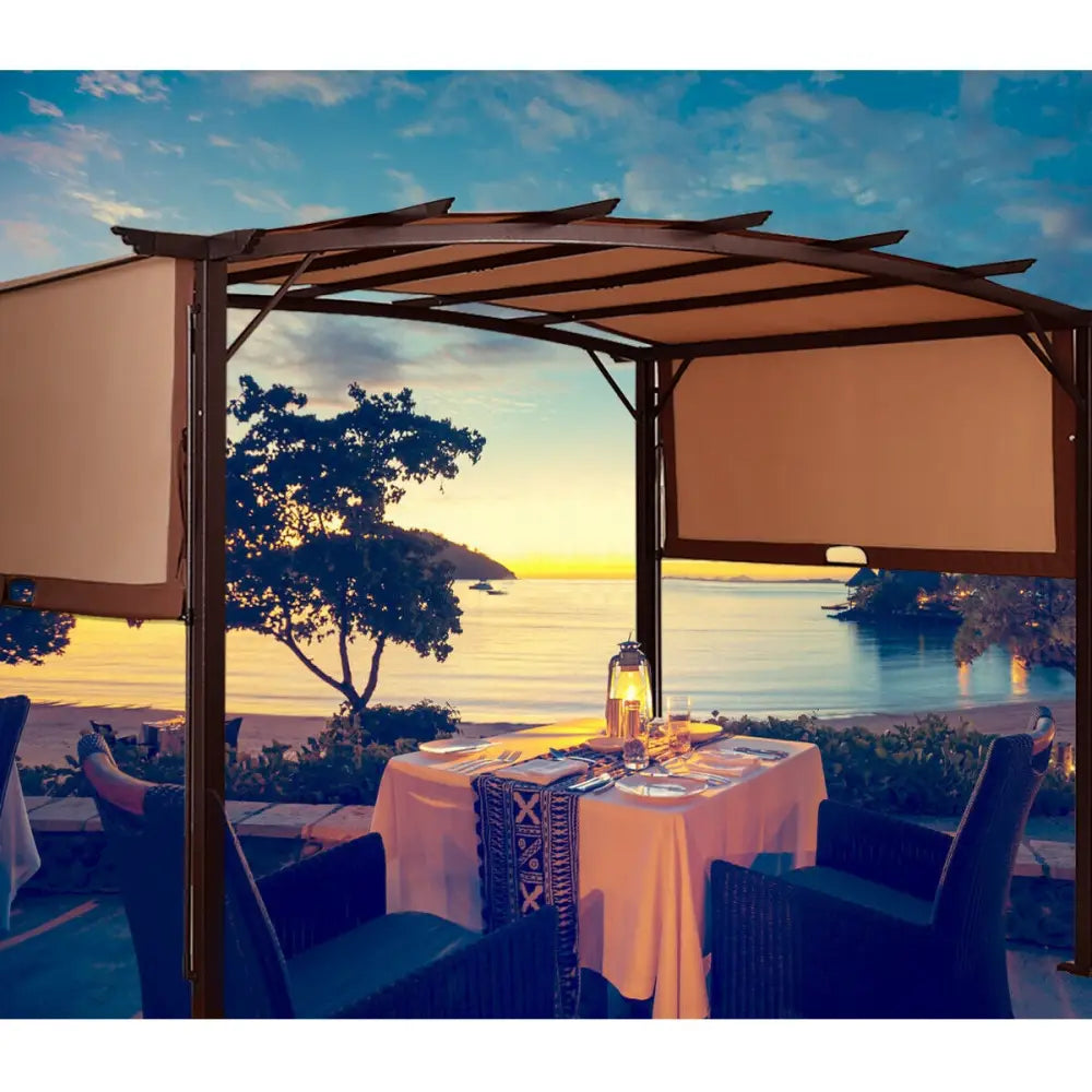12 x 9 Feet Outdoor Pergola Gazebo with Retractable Canopy Shades - Brown - Gazebos
