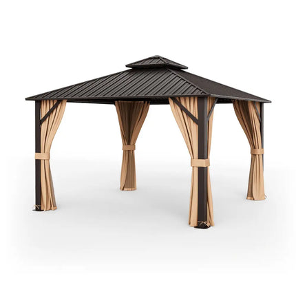12 x 12 Feet Double-Roof Patio Hardtop Gazebo with Galvanized Steel Roof Netting and Curtains-Coffee - Coffee - Gazebos