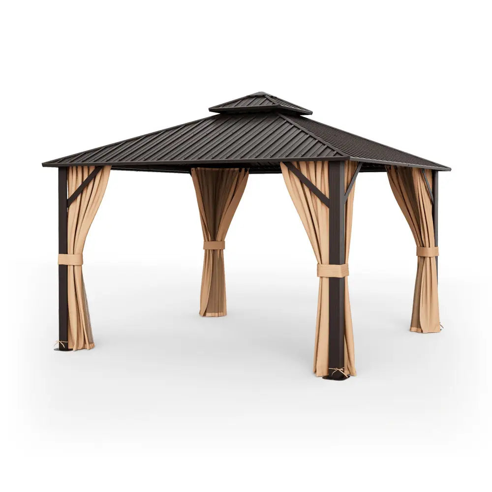 12 x 12 Feet Double-Roof Patio Hardtop Gazebo with Galvanized Steel Roof Netting and Curtains-Coffee - Coffee - Gazebos