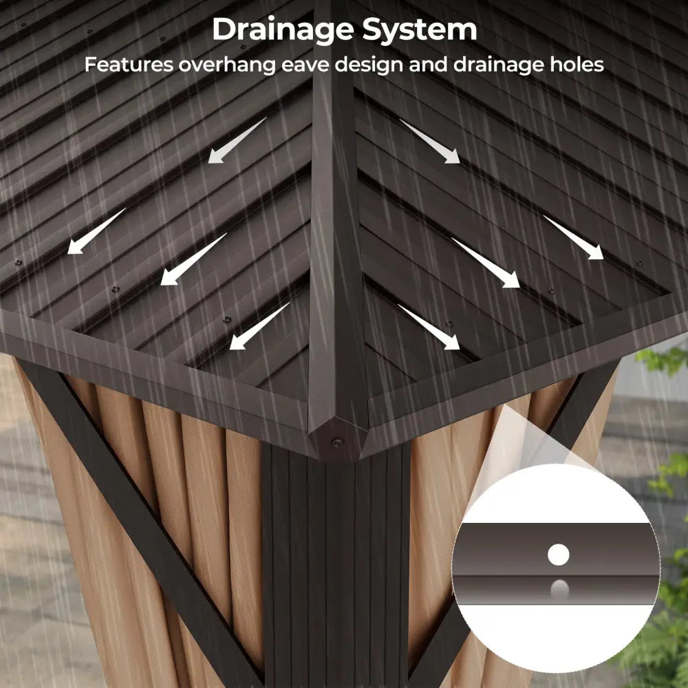 12 x 12 Feet Double-Roof Patio Hardtop Gazebo with Galvanized Steel Roof Netting and Curtains-Coffee - Coffee - Gazebos