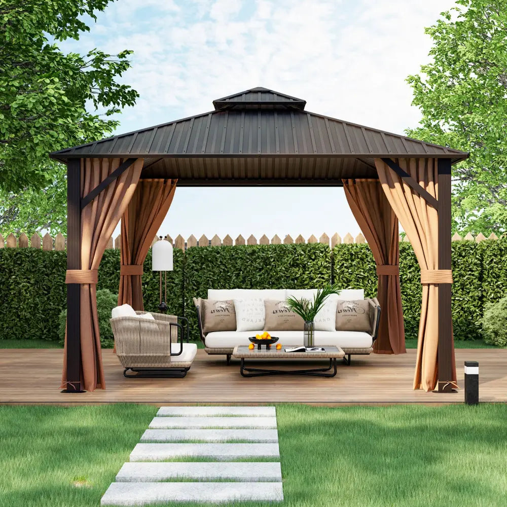 12 x 12 Feet Double-Roof Patio Hardtop Gazebo with Galvanized Steel Roof Netting and Curtains-Coffee - Coffee - Gazebos