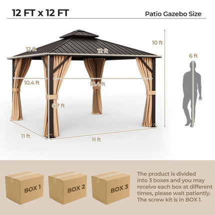 12 x 12 Feet Double-Roof Patio Hardtop Gazebo with Galvanized Steel Roof Netting and Curtains-Coffee - Coffee - Gazebos