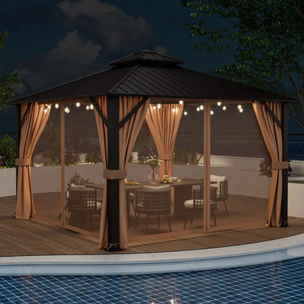 12 x 12 Feet Double-Roof Patio Hardtop Gazebo with Galvanized Steel Roof Netting and Curtains-Coffee - Coffee - Gazebos