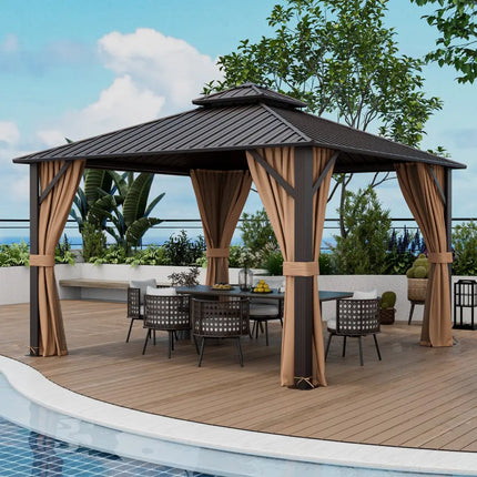 12 x 12 Feet Double-Roof Patio Hardtop Gazebo with Galvanized Steel Roof Netting and Curtains-Coffee - Coffee - Gazebos