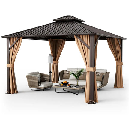 12 x 12 Feet Double-Roof Patio Hardtop Gazebo with Galvanized Steel Roof Netting and Curtains-Coffee - Coffee - Gazebos