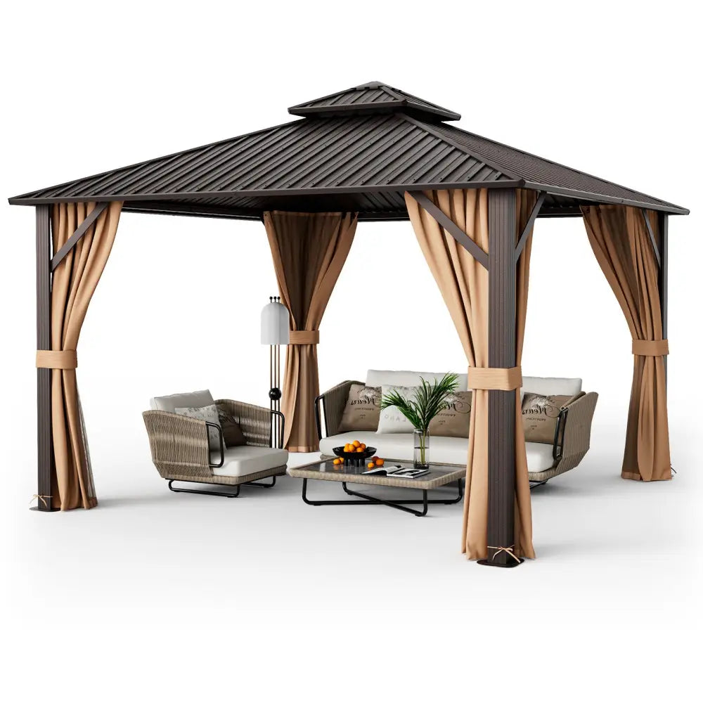 12 x 12 Feet Double-Roof Patio Hardtop Gazebo with Galvanized Steel Roof Netting and Curtains-Coffee - Coffee - Gazebos