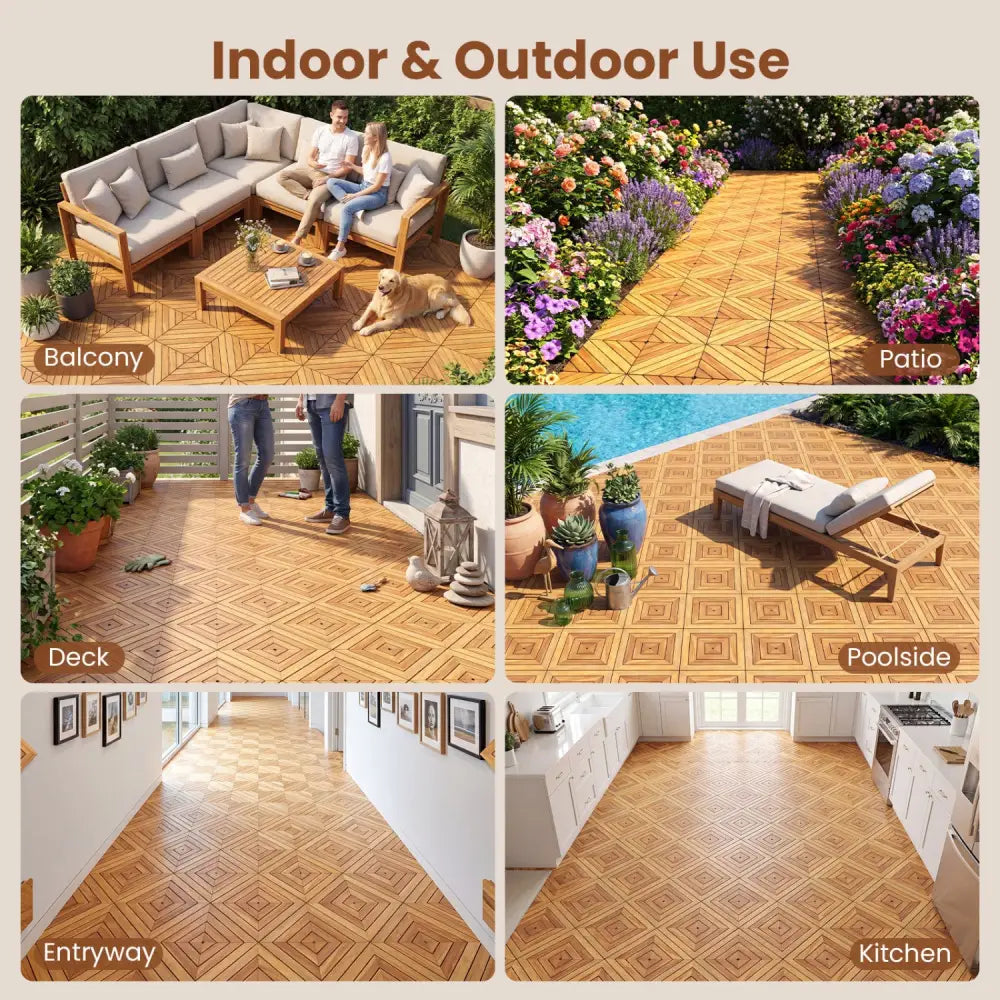 12 x 12 Inch 24 Pieces Acacia Wood Interlocking Deck Tiles with Waterproof Design-Natural - Natural - Outdoor Deck