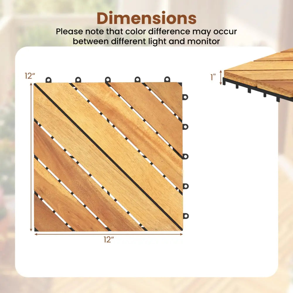 12 x 12 Inch 24 Pieces Acacia Wood Interlocking Deck Tiles with Waterproof Design-Natural - Natural - Outdoor Deck