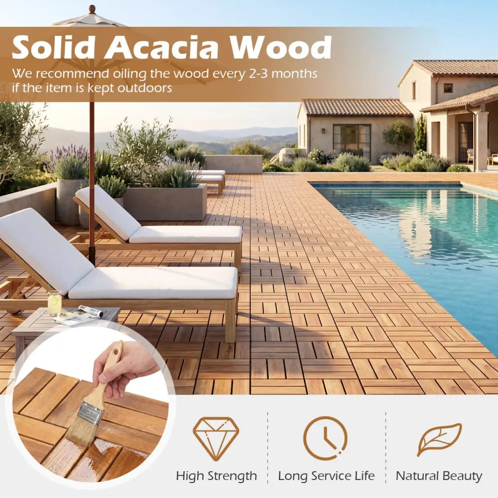 12 x 12 Inch 27 Pieces Acacia Wood Interlocking Deck Tiles with Waterproof Design-Natural - Natural - Outdoor Deck