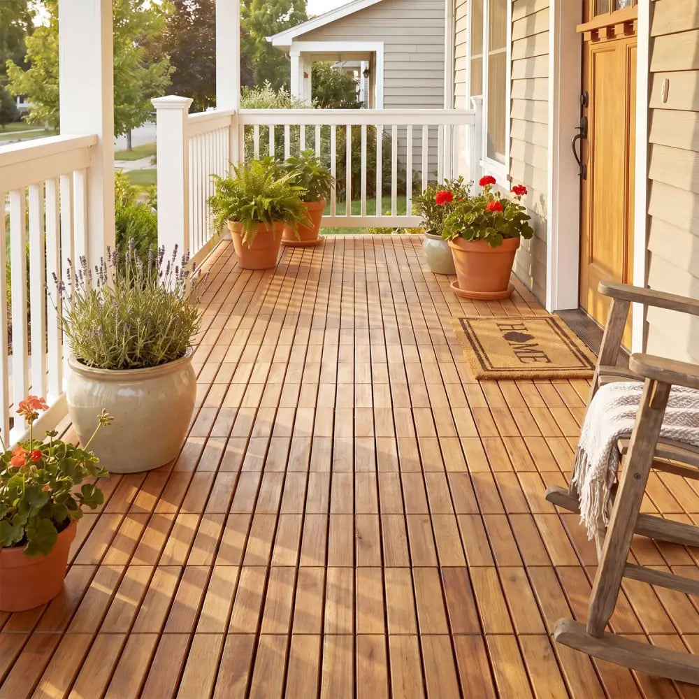 12 x 12 Inch 27 Pieces Acacia Wood Interlocking Deck Tiles with Waterproof Design-Natural - Natural - Outdoor Deck