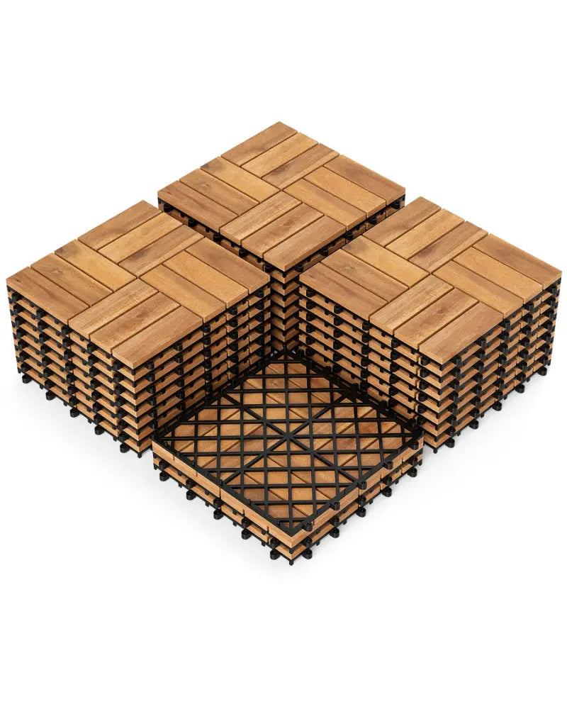 12 x 12 Inch 27 Pieces Acacia Wood Interlocking Deck Tiles with Waterproof Design-Natural - Natural - Outdoor Deck