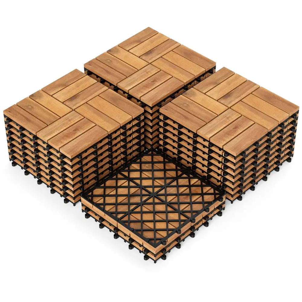 12 x 12 Inch 27 Pieces Acacia Wood Interlocking Deck Tiles with Waterproof Design-Natural - Natural - Outdoor Deck