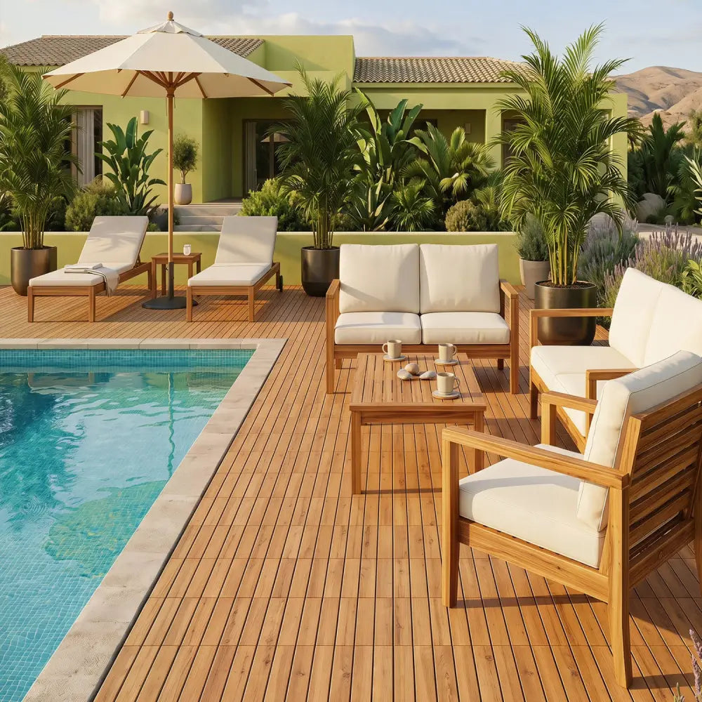 12 x 12 Inch 27 Pieces Acacia Wood Interlocking Deck Tiles with Waterproof Design-Natural - Natural - Outdoor Deck