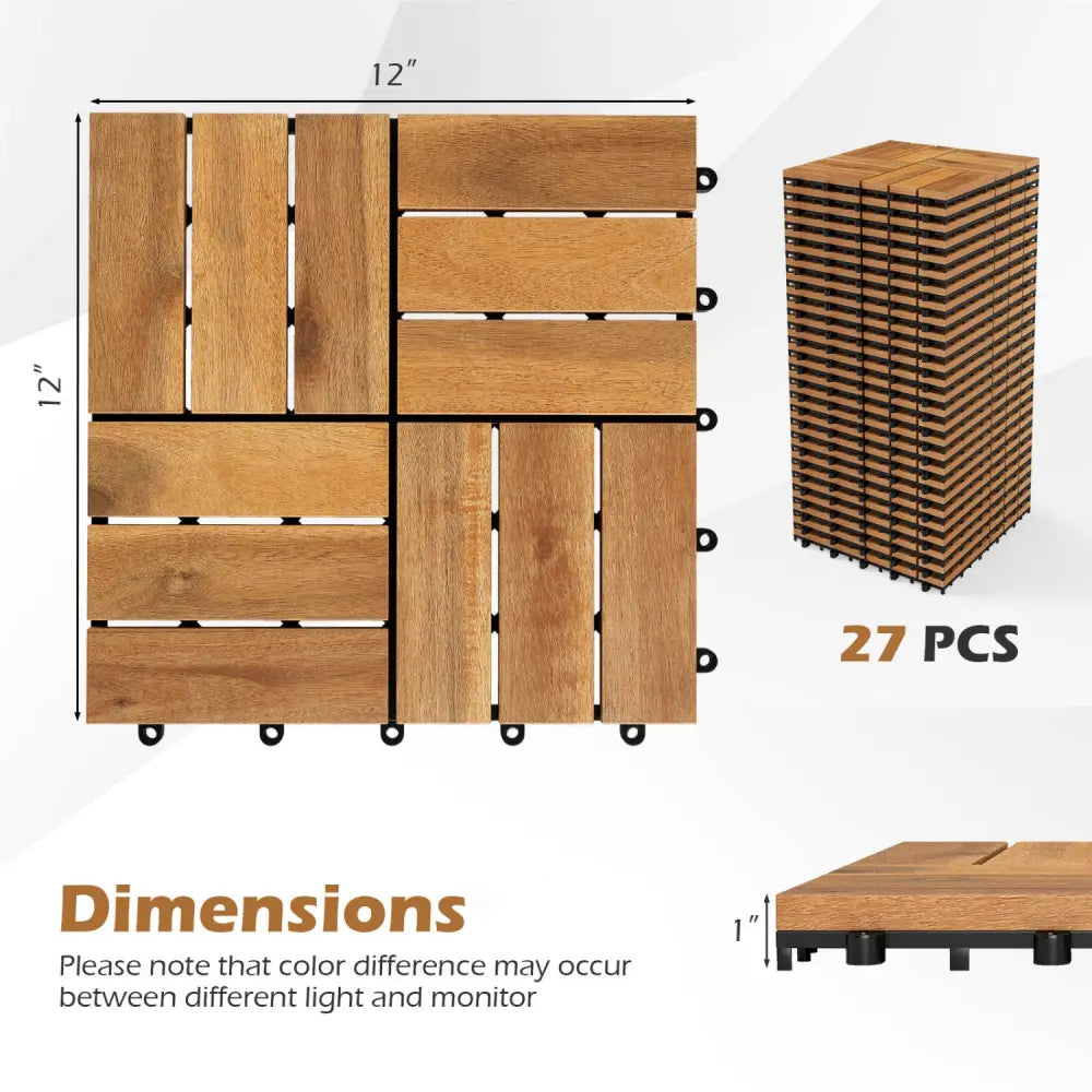 12 x 12 Inch 27 Pieces Acacia Wood Interlocking Deck Tiles with Waterproof Design-Natural - Natural - Outdoor Deck