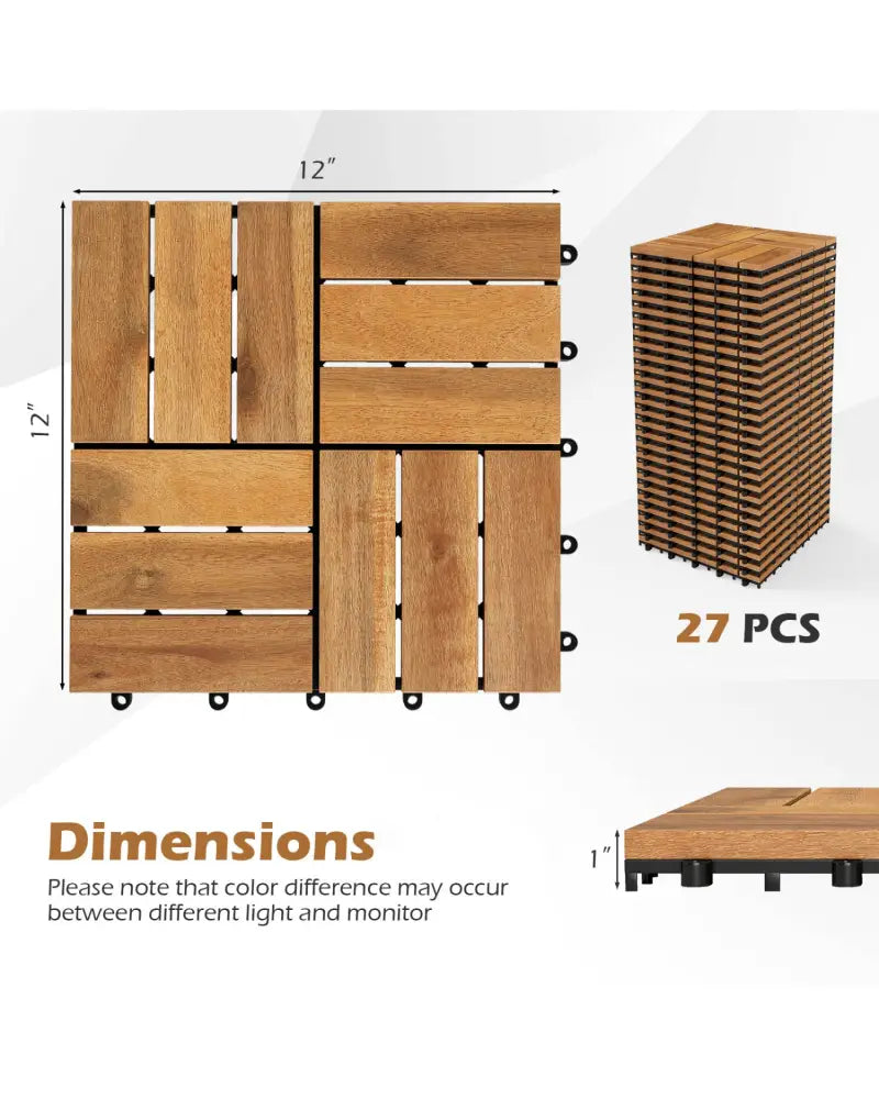 12 x 12 Inch 27 Pieces Acacia Wood Interlocking Deck Tiles with Waterproof Design-Natural - Natural - Outdoor Deck