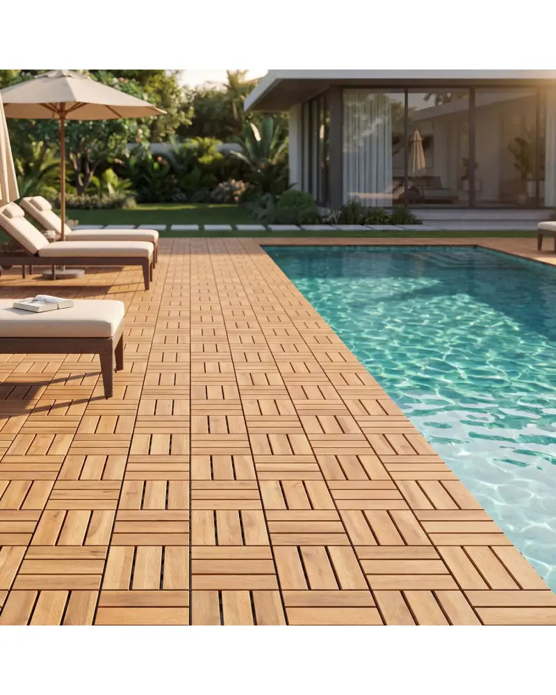 12 x 12 Inch 27 Pieces Acacia Wood Interlocking Deck Tiles with Waterproof Design-Natural - Natural - Outdoor Deck