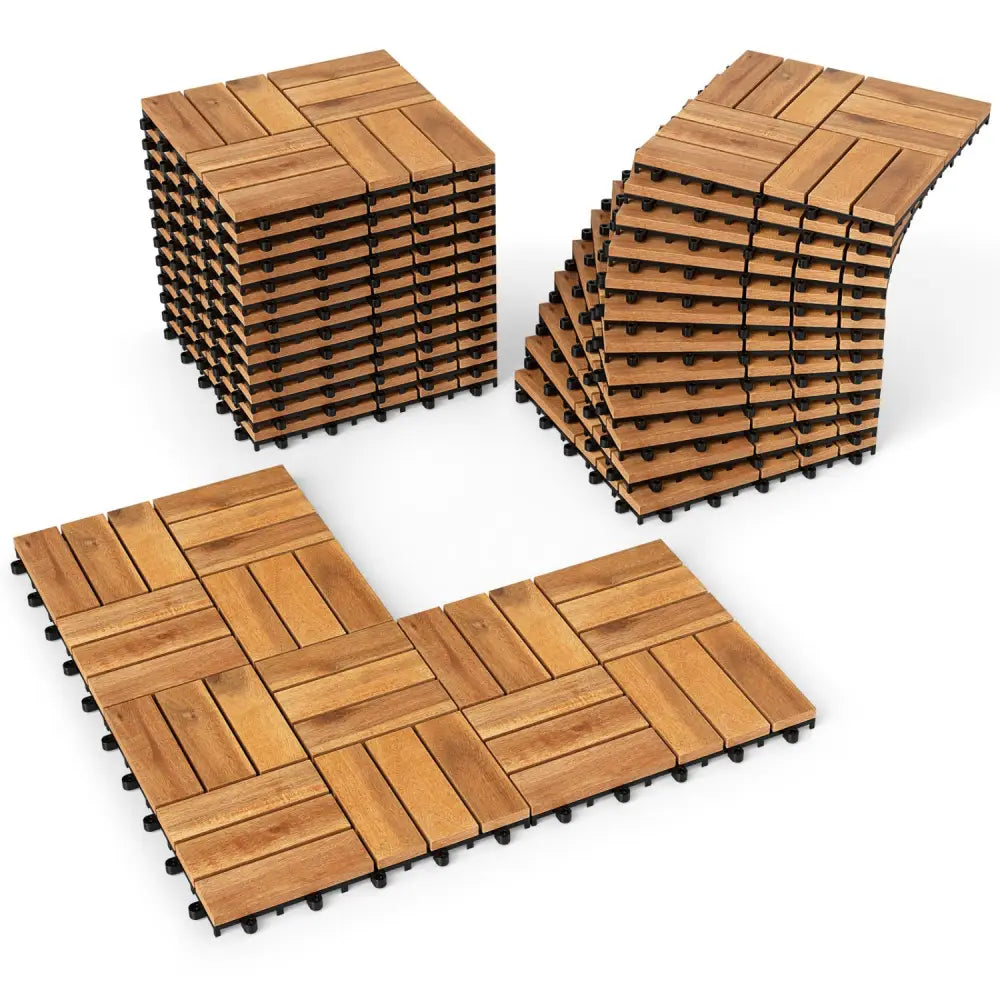 12 x 12 Inch 27 Pieces Acacia Wood Interlocking Deck Tiles with Waterproof Design-Natural - Natural - Outdoor Deck
