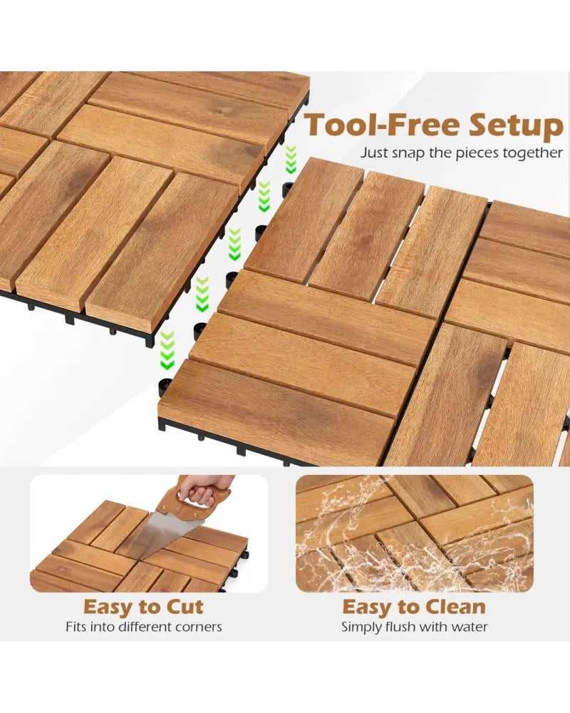 12 x 12 Inch 27 Pieces Acacia Wood Interlocking Deck Tiles with Waterproof Design-Natural - Natural - Outdoor Deck