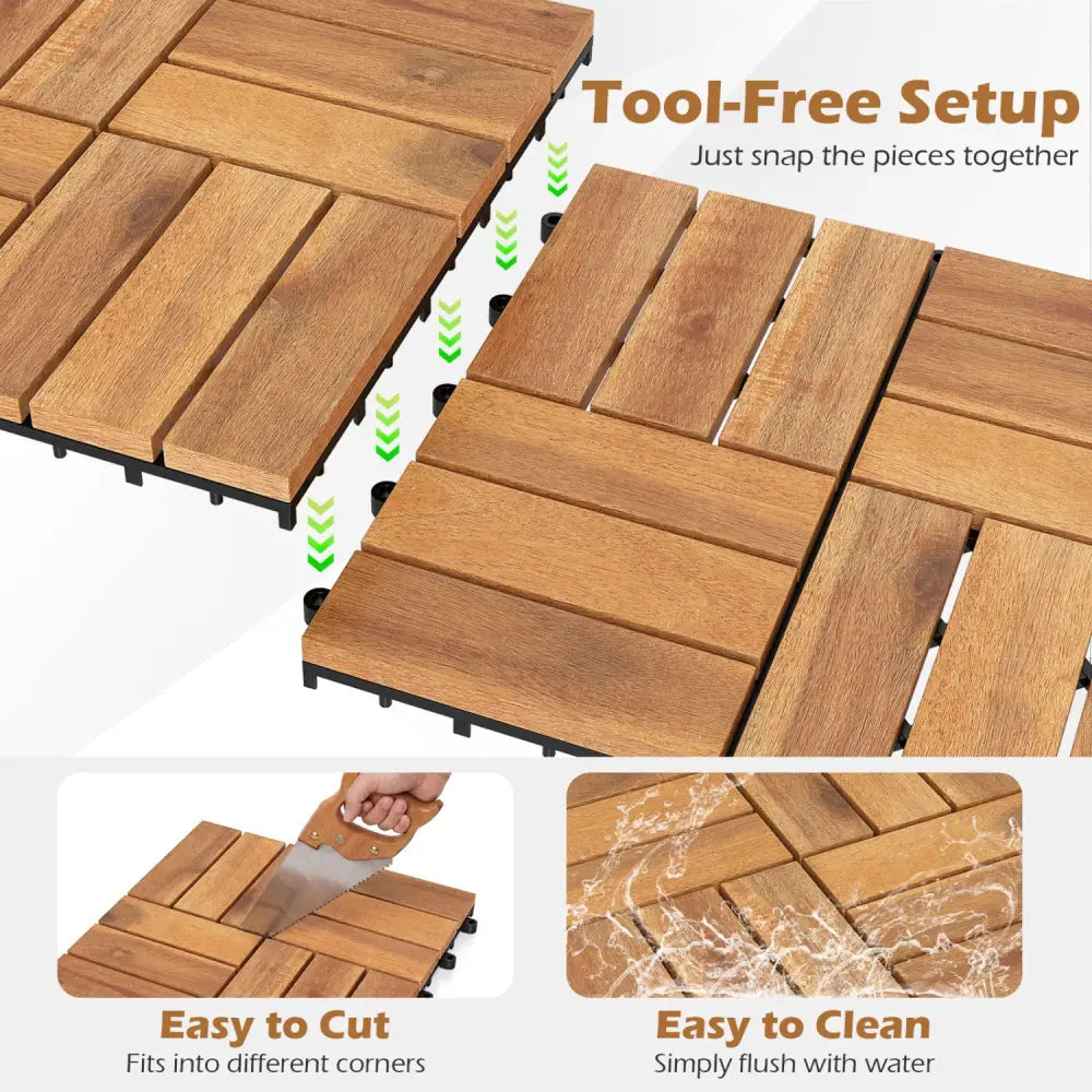 12 x 12 Inch 27 Pieces Acacia Wood Interlocking Deck Tiles with Waterproof Design-Natural - Natural - Outdoor Deck
