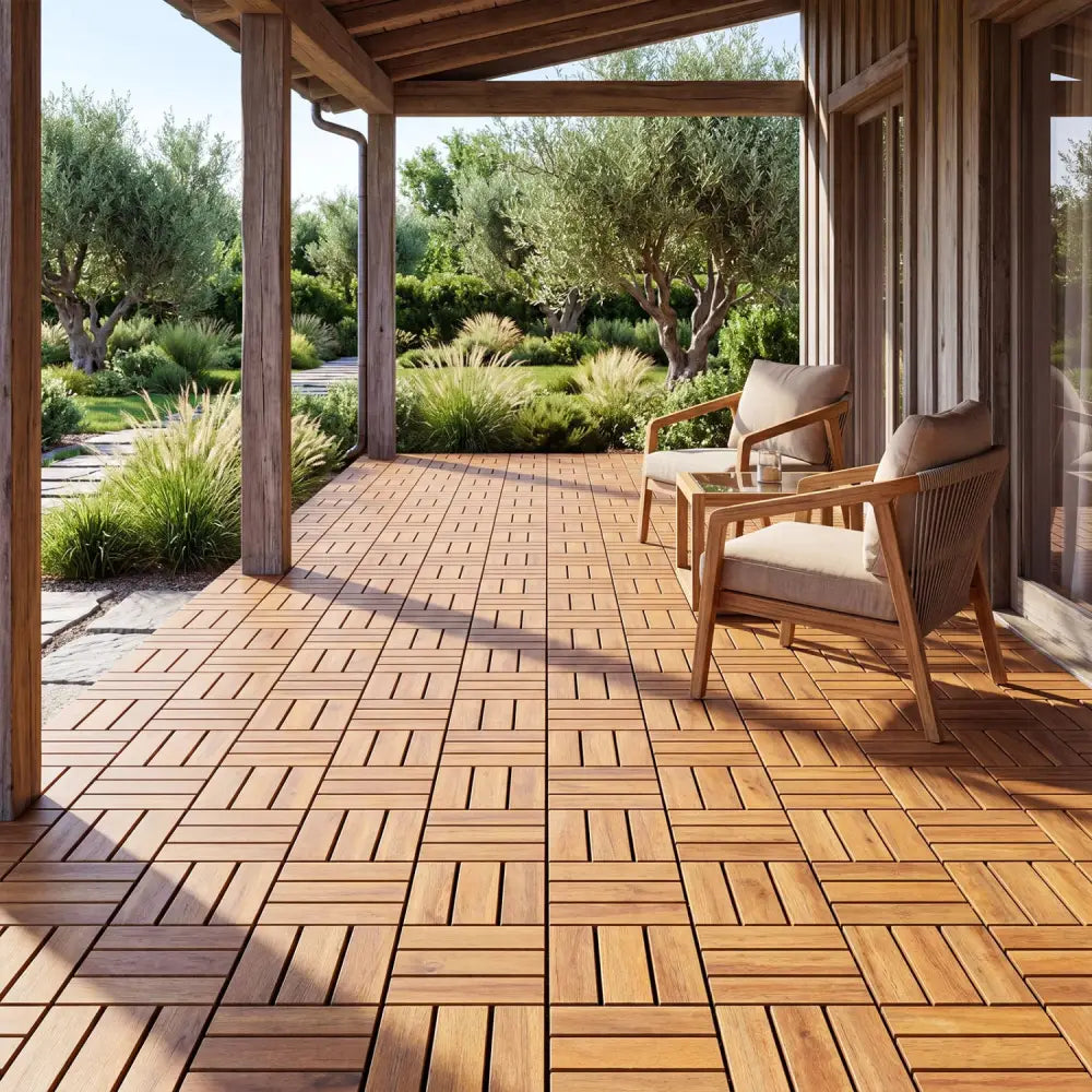 12 x 12 Inch 27 Pieces Acacia Wood Interlocking Deck Tiles with Waterproof Design-Natural - Natural - Outdoor Deck