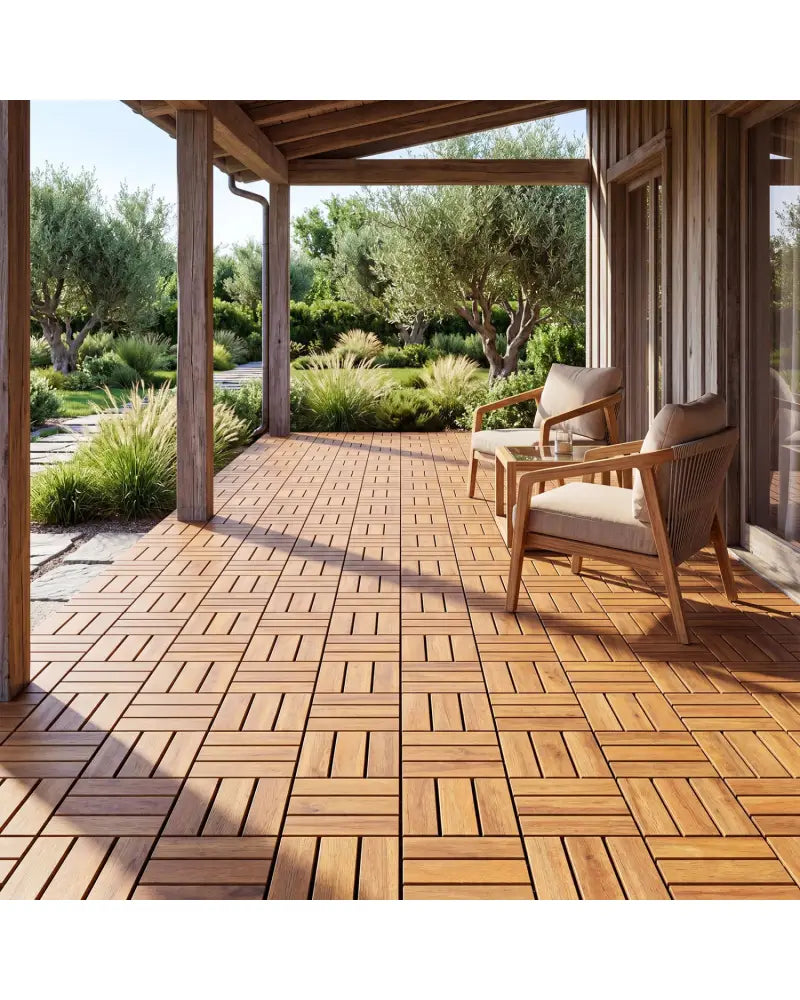 12 x 12 Inch 27 Pieces Acacia Wood Interlocking Deck Tiles with Waterproof Design-Natural - Natural - Outdoor Deck
