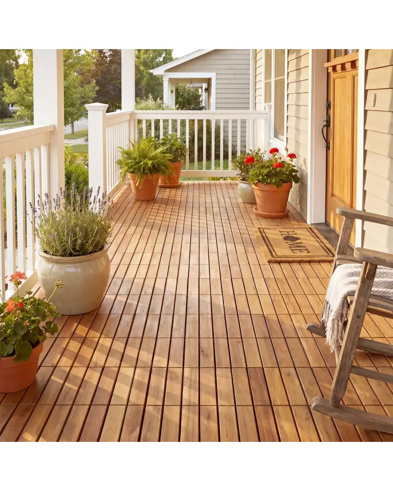 12 x 12 Inch 27 Pieces Acacia Wood Interlocking Deck Tiles with Waterproof Design-Natural - Natural - Outdoor Deck