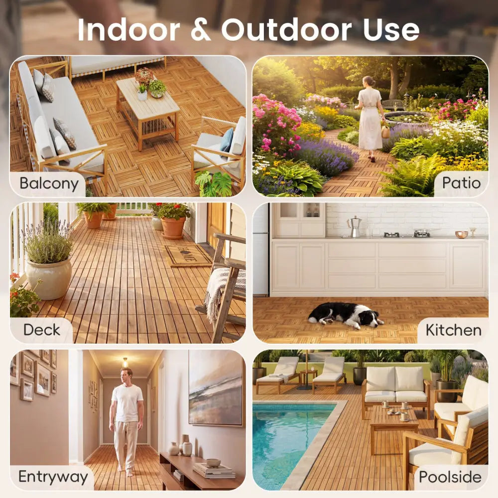 12 x 12 Inch 27 Pieces Acacia Wood Interlocking Deck Tiles with Waterproof Design-Natural - Natural - Outdoor Deck