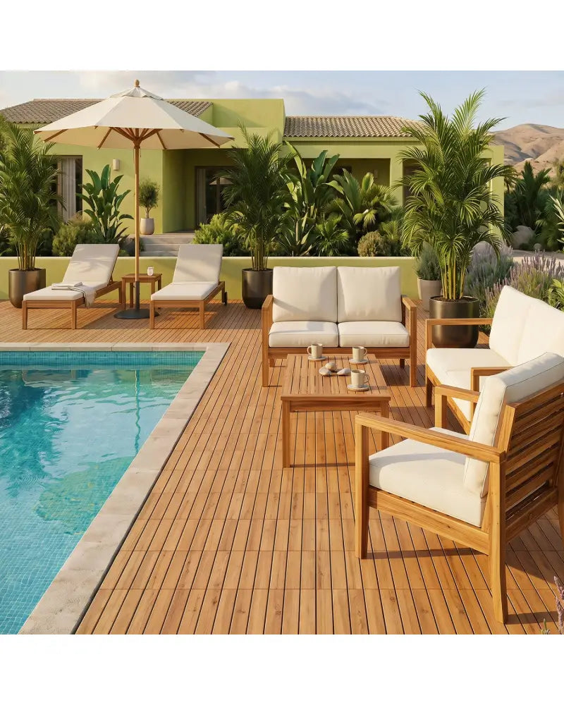 12 x 12 Inch 27 Pieces Acacia Wood Interlocking Deck Tiles with Waterproof Design-Natural - Natural - Outdoor Deck