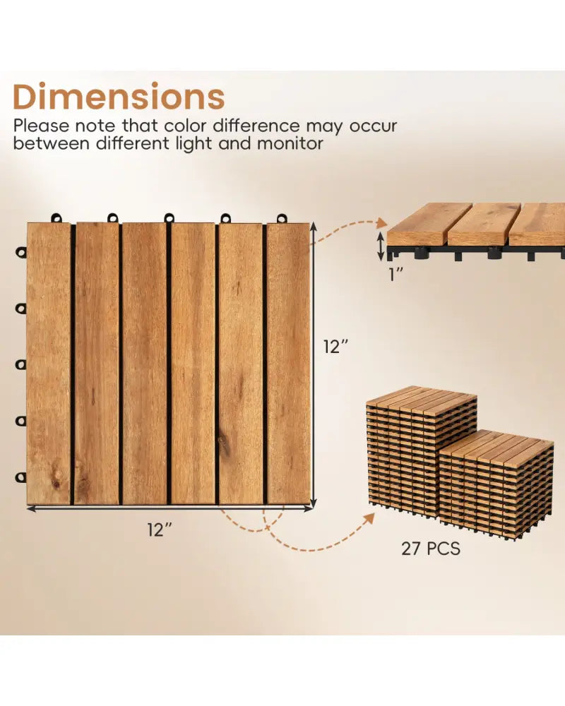 12 x 12 Inch 27 Pieces Acacia Wood Interlocking Deck Tiles with Waterproof Design-Natural - Natural - Outdoor Deck