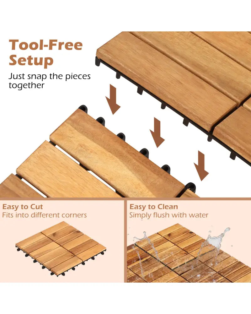 12 x 12 Inch 27 Pieces Acacia Wood Interlocking Deck Tiles-Natural - Natural - Outdoor Deck Tiles & Planks