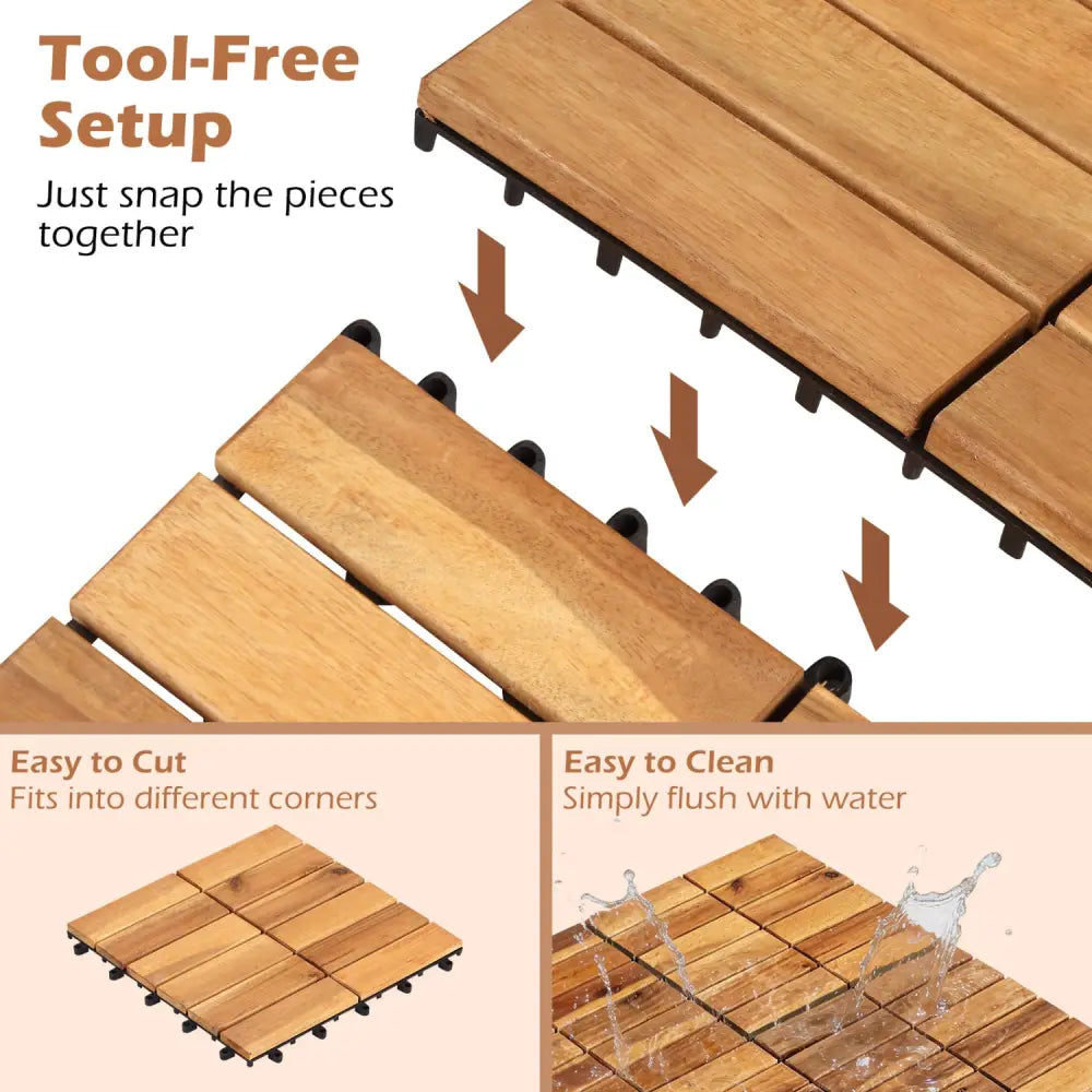 12 x 12 Inch 27 Pieces Acacia Wood Interlocking Deck Tiles-Natural - Natural - Outdoor Deck Tiles & Planks