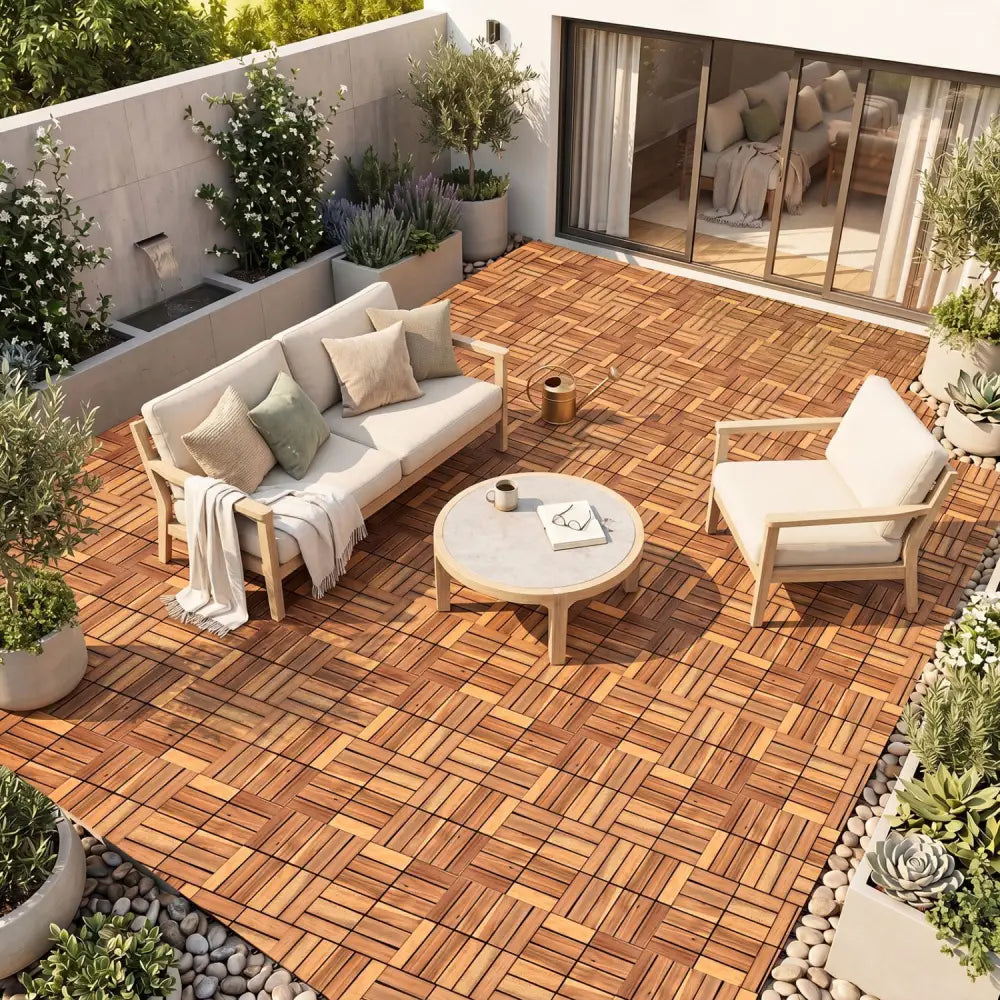 12 x 12 Inch 27 Pieces Acacia Wood Interlocking Deck Tiles-Natural - Natural - Outdoor Deck Tiles & Planks