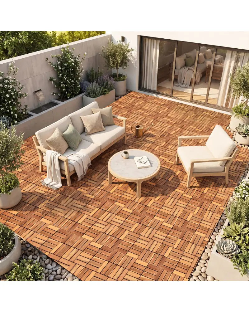 12 x 12 Inch 27 Pieces Acacia Wood Interlocking Deck Tiles-Natural - Natural - Outdoor Deck Tiles & Planks