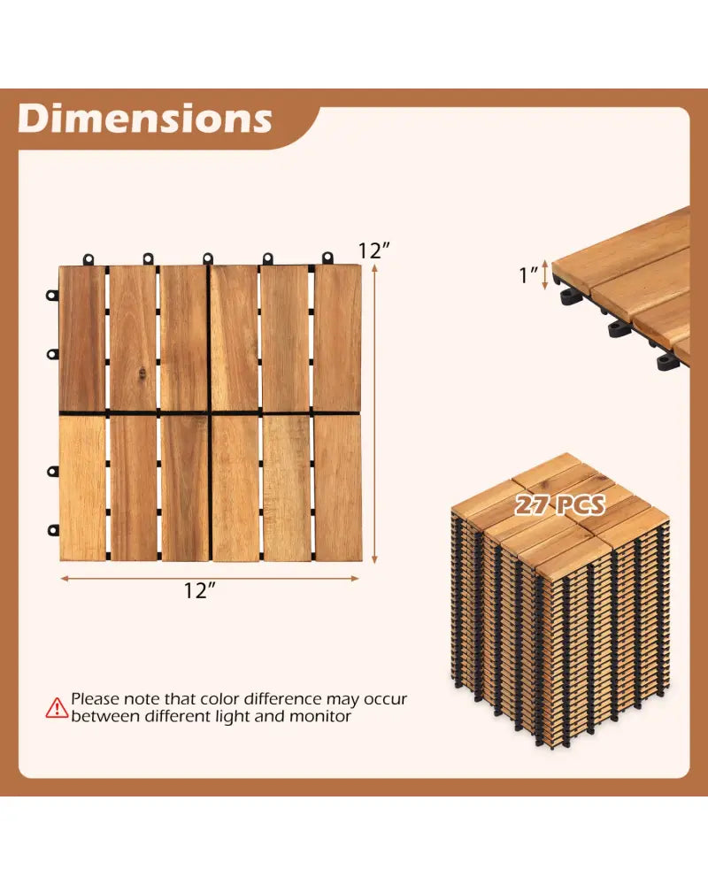 12 x 12 Inch 27 Pieces Acacia Wood Interlocking Deck Tiles-Natural - Natural - Outdoor Deck Tiles & Planks
