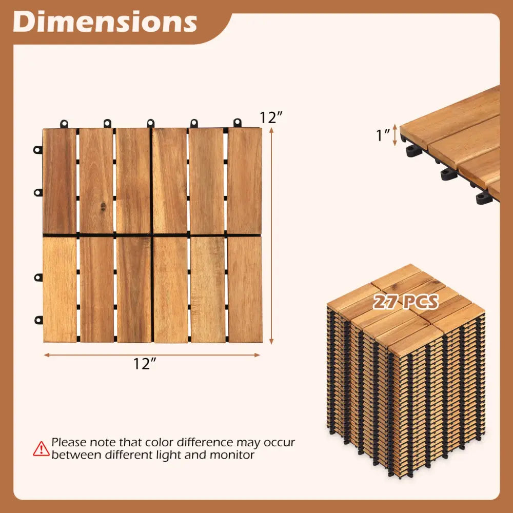 12 x 12 Inch 27 Pieces Acacia Wood Interlocking Deck Tiles-Natural - Natural - Outdoor Deck Tiles & Planks