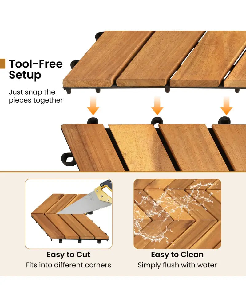 12 x 12 Inch 30 Pieces Acacia Wood Interlocking Deck Tiles- Natural - Natural - Outdoor Deck Tiles & Planks