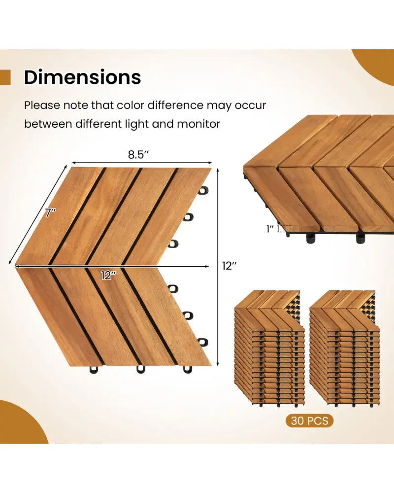 12 x 12 Inch 30 Pieces Acacia Wood Interlocking Deck Tiles- Natural - Natural - Outdoor Deck Tiles & Planks